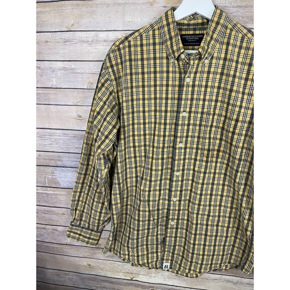 American Eagle Mens Small Button Down Shirt Long Sleeve Plaid Yellow Blue - Picture 2 of 9